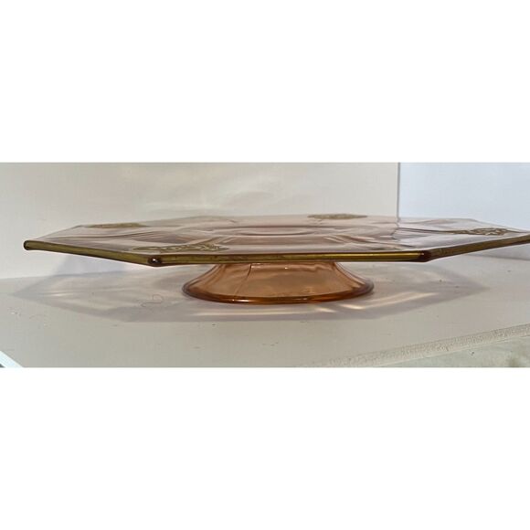 Art Deco Pink Depression Glass Pedestal Cake Plate with Gold Accents - Picture 3 of 4